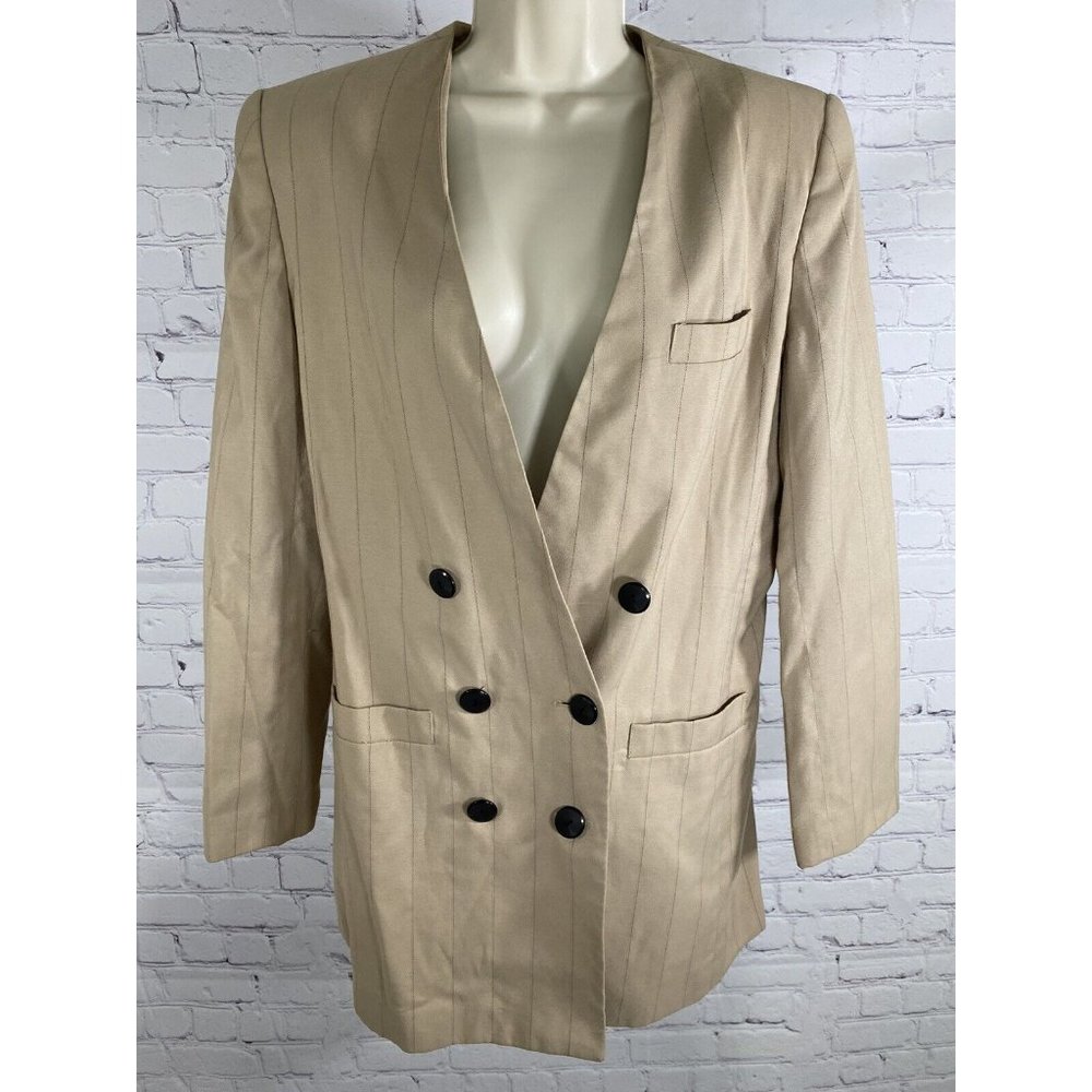 Le Suit Beige Black Vertical Striped Double Breasted Coat Jacket Blazer 12
